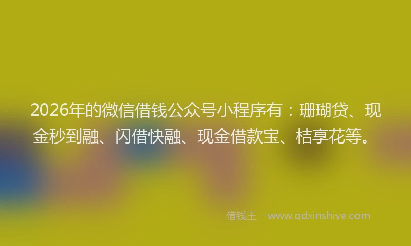 2026年的微信借钱公众号小程序有：珊瑚贷、现金秒到融、闪借快融、现金借款宝、桔享花等。