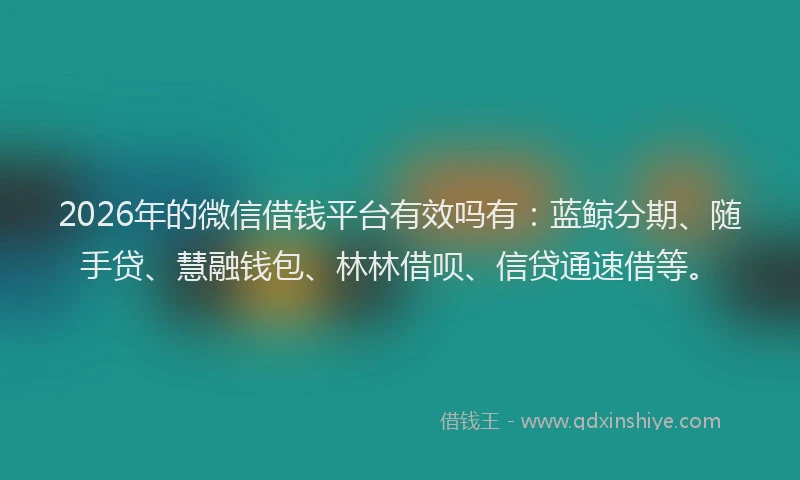 2026年的微信借钱平台有效吗有：蓝鲸分期、随手贷、慧融钱包、林林借呗、信贷通速借等。