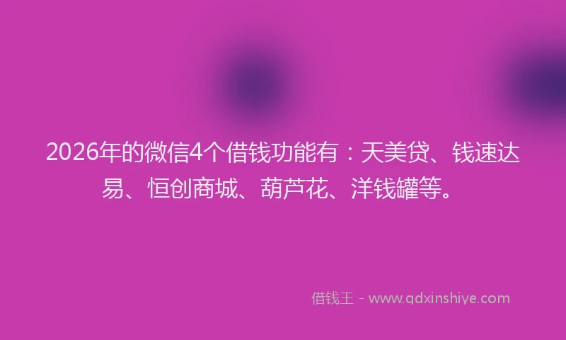 2026年的微信4个借钱功能有：天美贷、钱速达易、恒创商城、葫芦花、洋钱罐等。