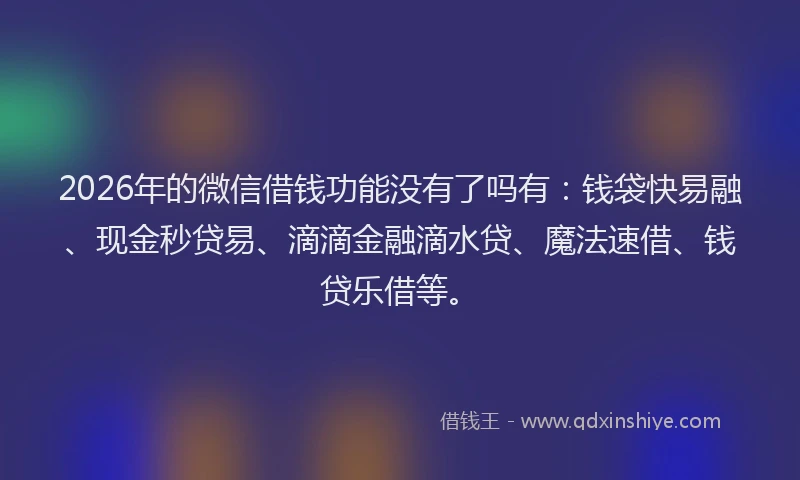 2026年的微信借钱功能没有了吗有：钱袋快易融、现金秒贷易、滴滴金融滴水贷、魔法速借、钱贷乐借等。