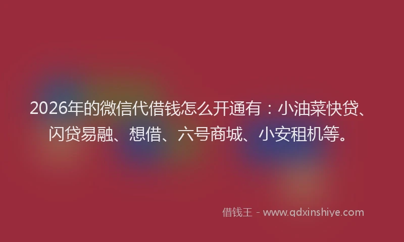 2026年的微信代借钱怎么开通有：小油菜快贷、闪贷易融、想借、六号商城、小安租机等。
