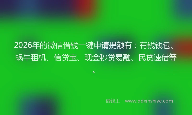2026年的微信借钱一键申请提额有：有钱钱包、蜗牛租机、信贷宝、现金秒贷易融、民贷速借等。