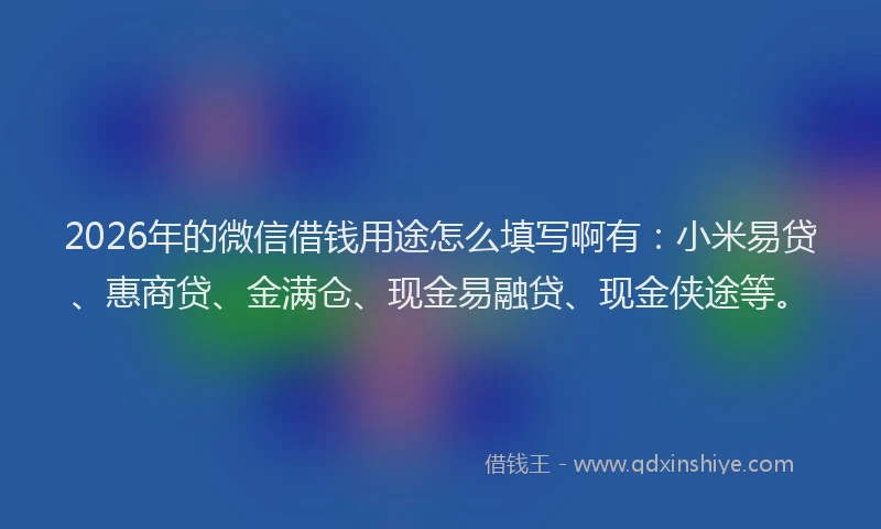 2026年的微信借钱用途怎么填写啊有：小米易贷、惠商贷、金满仓、现金易融贷、现金侠途等。