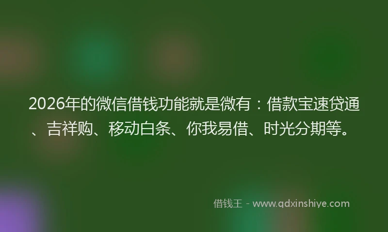 2026年的微信借钱功能就是微有：借款宝速贷通、吉祥购、移动白条、你我易借、时光分期等。
