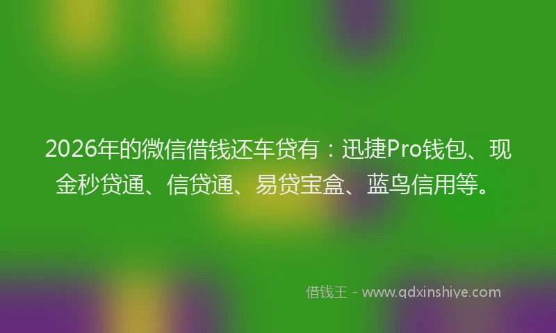 2026年的微信借钱还车贷有：迅捷Pro钱包、现金秒贷通、信贷通、易贷宝盒、蓝鸟信用等。