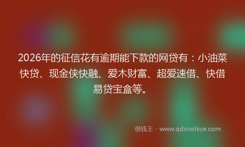 2026年的征信花有逾期能下款的网贷有：小油菜快贷、现金侠快融、爱木财富、超爱速借、快借易贷宝盒等。