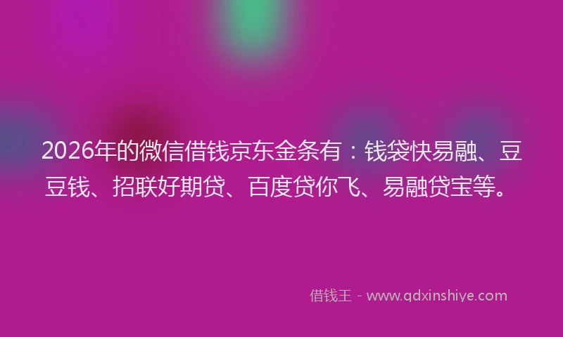 2026年的微信借钱京东金条有：钱袋快易融、豆豆钱、招联好期贷、百度贷你飞、易融贷宝等。