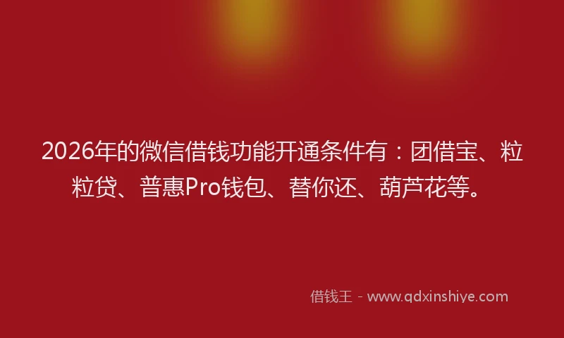 2026年的微信借钱功能开通条件有：团借宝、粒粒贷、普惠Pro钱包、替你还、葫芦花等。