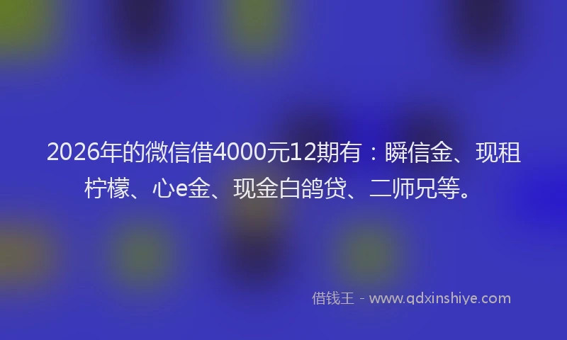 2026年的微信借4000元12期有：瞬信金、现租柠檬、心e金、现金白鸽贷、二师兄等。