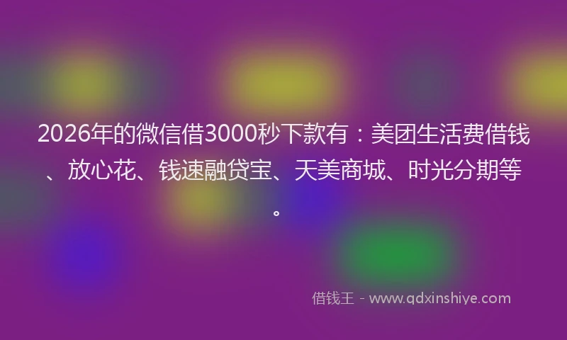 2026年的微信借3000秒下款有：美团生活费借钱、放心花、钱速融贷宝、天美商城、时光分期等。