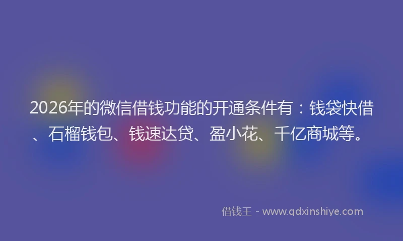 2026年的微信借钱功能的开通条件有：钱袋快借、石榴钱包、钱速达贷、盈小花、千亿商城等。