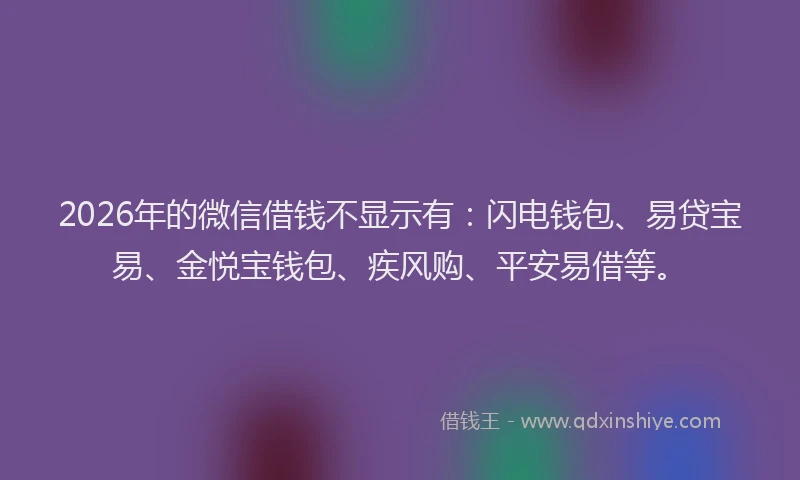 2026年的微信借钱不显示有：闪电钱包、易贷宝易、金悦宝钱包、疾风购、平安易借等。