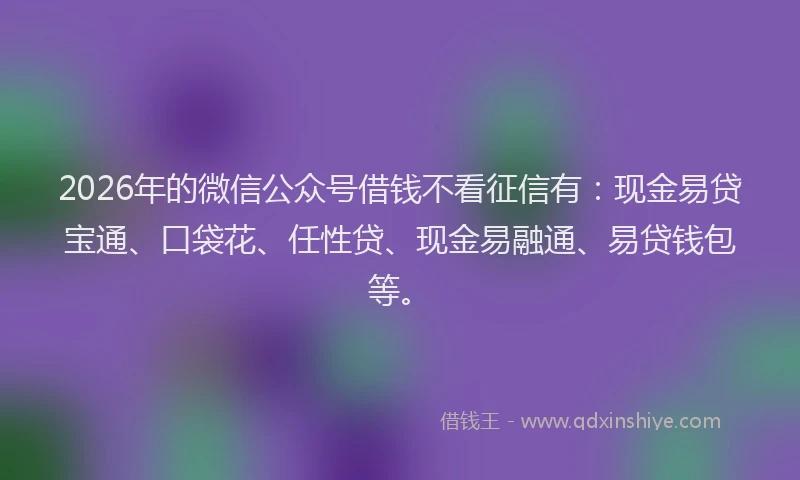2026年的微信公众号借钱不看征信有：现金易贷宝通、口袋花、任性贷、现金易融通、易贷钱包等。