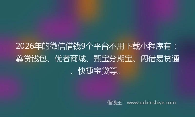 2026年的微信借钱9个平台不用下载小程序有：鑫贷钱包、优者商城、甄宝分期宝、闪借易贷通、快捷宝贷等。