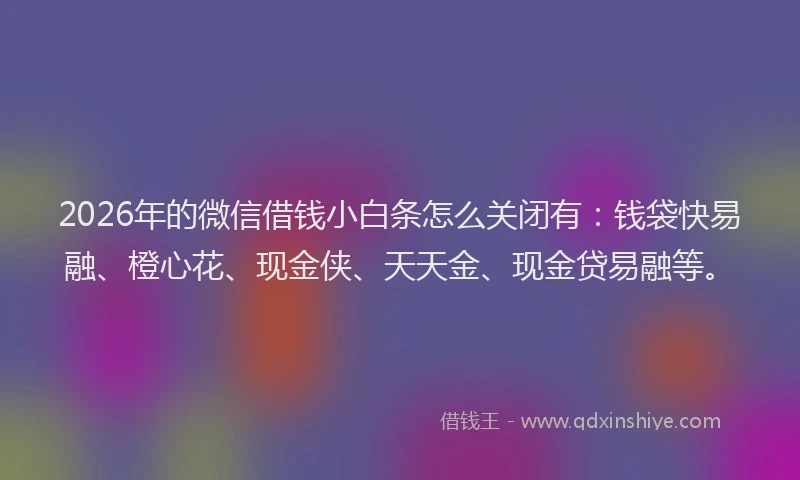 2026年的微信借钱小白条怎么关闭有：钱袋快易融、橙心花、现金侠、天天金、现金贷易融等。