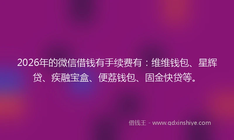 2026年的微信借钱有手续费有：维维钱包、星辉贷、疾融宝盒、便荔钱包、固金快贷等。