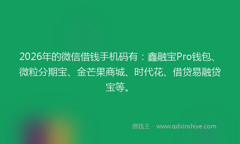2026年的微信借钱手机码有：鑫融宝Pro钱包、微粒分期宝、金芒果商城、时代花、借贷易融贷宝等。