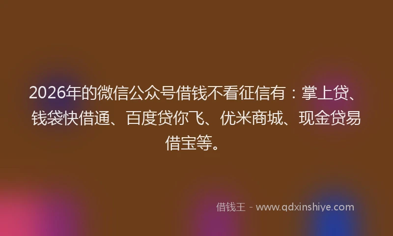 2026年的微信公众号借钱不看征信有：掌上贷、钱袋快借通、百度贷你飞、优米商城、现金贷易借宝等。