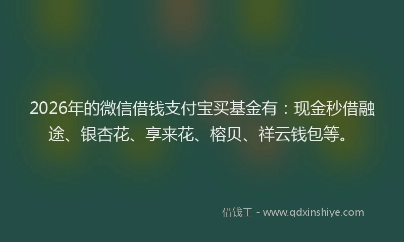 2026年的微信借钱支付宝买基金有：现金秒借融途、银杏花、享来花、榕贝、祥云钱包等。