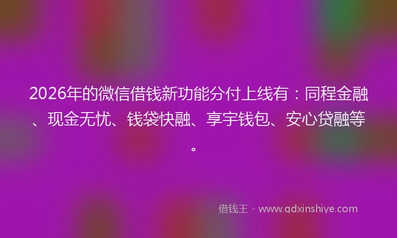 2026年的微信借钱新功能分付上线有：同程金融、现金无忧、钱袋快融、享宇钱包、安心贷融等。