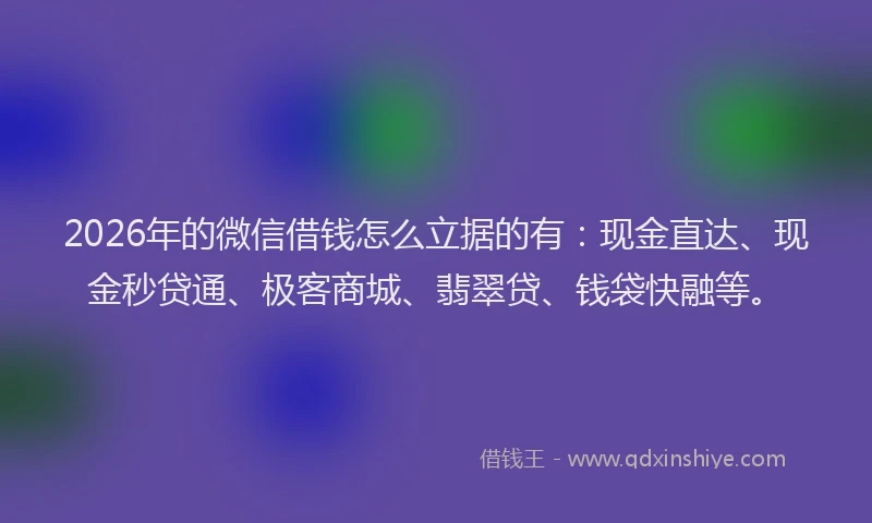2026年的微信借钱怎么立据的有：现金直达、现金秒贷通、极客商城、翡翠贷、钱袋快融等。