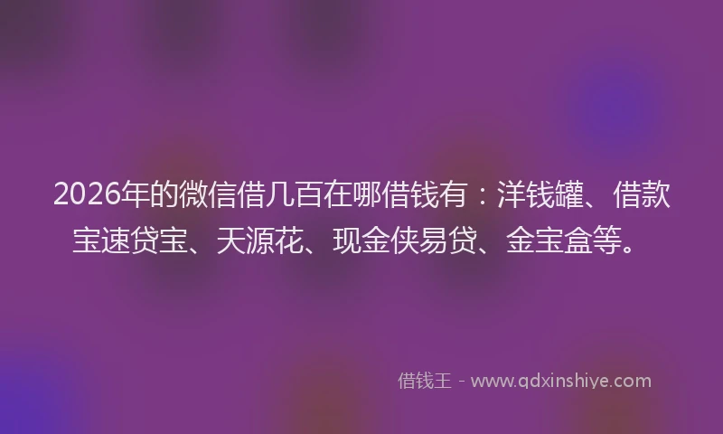 2026年的微信借几百在哪借钱有：洋钱罐、借款宝速贷宝、天源花、现金侠易贷、金宝盒等。
