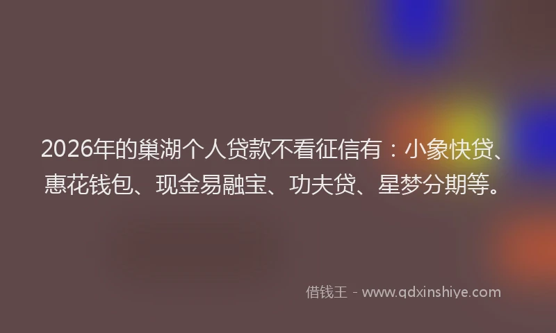 2026年的巢湖个人贷款不看征信有：小象快贷、惠花钱包、现金易融宝、功夫贷、星梦分期等。