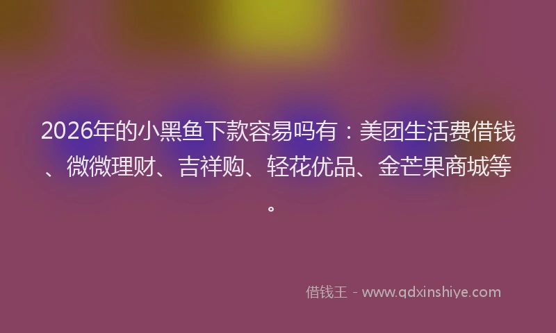 2026年的小黑鱼下款容易吗有：美团生活费借钱、微微理财、吉祥购、轻花优品、金芒果商城等。
