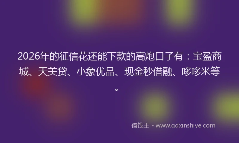 2026年的征信花还能下款的高炮口子有：宝盈商城、天美贷、小象优品、现金秒借融、哆哆米等。