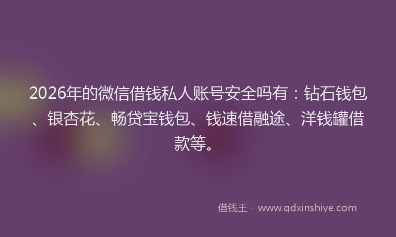 2026年的微信借钱私人账号安全吗有：钻石钱包、银杏花、畅贷宝钱包、钱速借融途、洋钱罐借款等。
