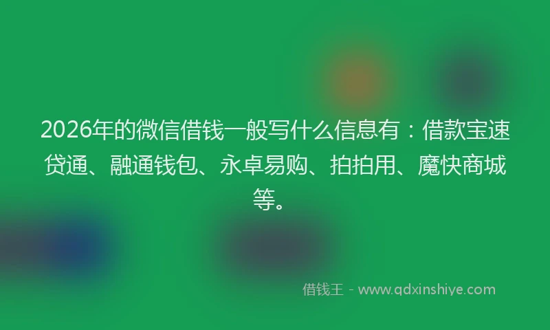 2026年的微信借钱一般写什么信息有：借款宝速贷通、融通钱包、永卓易购、拍拍用、魔快商城等。