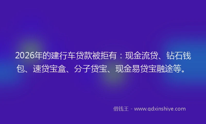 2026年的建行车贷款被拒有：现金流贷、钻石钱包、速贷宝盒、分子贷宝、现金易贷宝融途等。