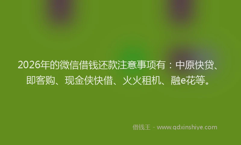 2026年的微信借钱还款注意事项有：中原快贷、即客购、现金侠快借、火火租机、融e花等。