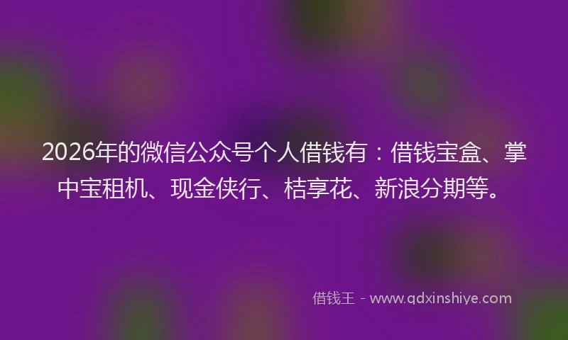 2026年的微信公众号个人借钱有：借钱宝盒、掌中宝租机、现金侠行、桔享花、新浪分期等。