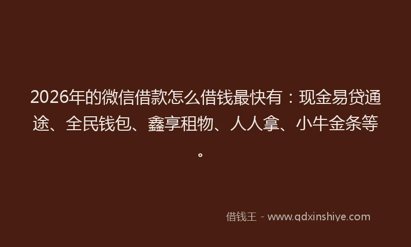 2026年的微信借款怎么借钱最快有：现金易贷通途、全民钱包、鑫享租物、人人拿、小牛金条等。