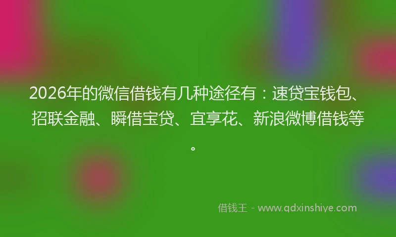 2026年的微信借钱有几种途径有：速贷宝钱包、招联金融、瞬借宝贷、宜享花、新浪微博借钱等。