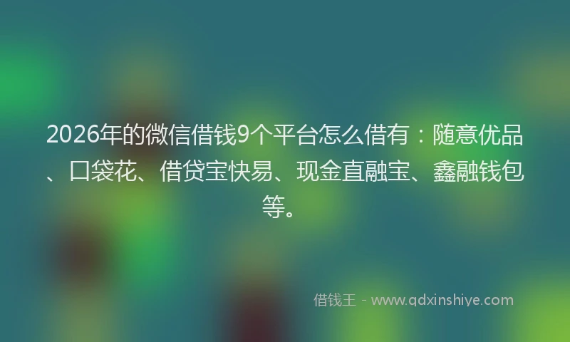 2026年的微信借钱9个平台怎么借有：随意优品、口袋花、借贷宝快易、现金直融宝、鑫融钱包等。