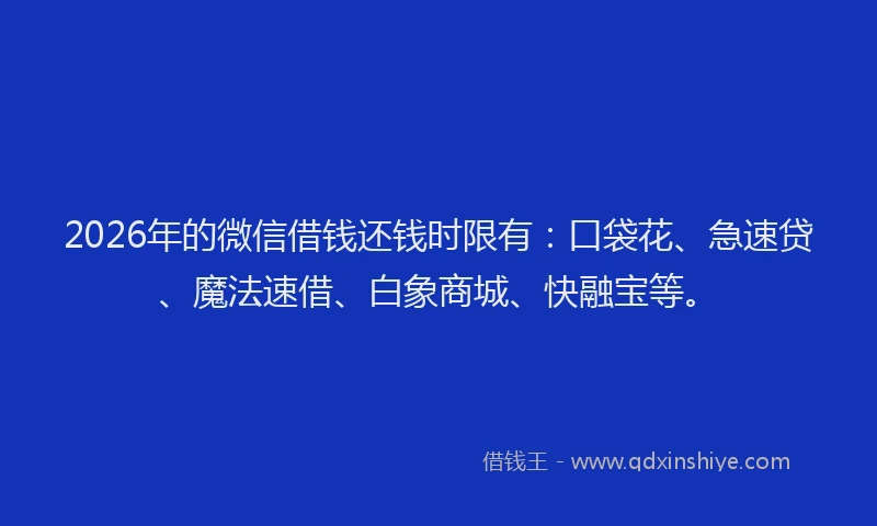 2026年的微信借钱还钱时限有：口袋花、急速贷、魔法速借、白象商城、快融宝等。