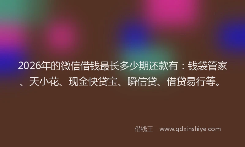 2026年的微信借钱最长多少期还款有：钱袋管家、天小花、现金快贷宝、瞬信贷、借贷易行等。