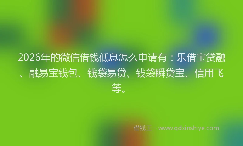 2026年的微信借钱低息怎么申请有：乐借宝贷融、融易宝钱包、钱袋易贷、钱袋瞬贷宝、信用飞等。