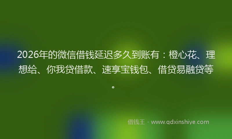 2026年的微信借钱延迟多久到账有：橙心花、理想给、你我贷借款、速享宝钱包、借贷易融贷等。