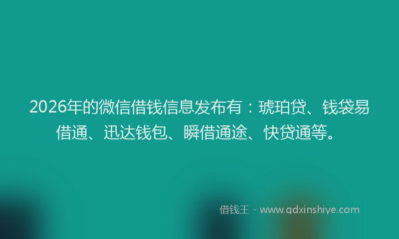 2026年的微信借钱信息发布有：琥珀贷、钱袋易借通、迅达钱包、瞬借通途、快贷通等。