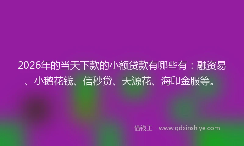 2026年的当天下款的小额贷款有哪些有：融资易、小鹅花钱、信秒贷、天源花、海印金服等。