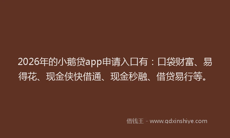 2026年的小鹅贷app申请入口有:口袋财富、易得花、现金侠快借通、现金秒融、借贷易行等。