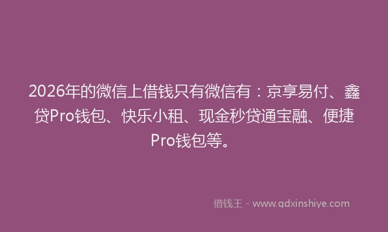 2026年的微信上借钱只有微信有：京享易付、鑫贷Pro钱包、快乐小租、现金秒贷通宝融、便捷Pro钱包等。