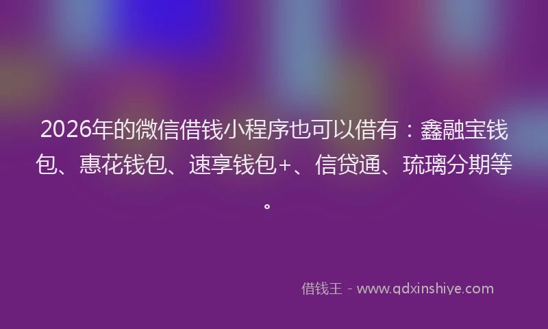 2026年的微信借钱小程序也可以借有：鑫融宝钱包、惠花钱包、速享钱包+、信贷通、琉璃分期等。