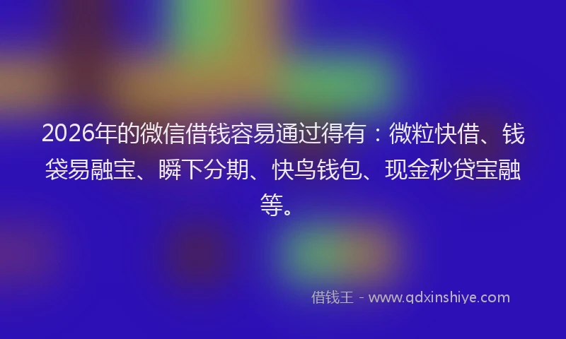 2026年的微信借钱容易通过得有：微粒快借、钱袋易融宝、瞬下分期、快鸟钱包、现金秒贷宝融等。
