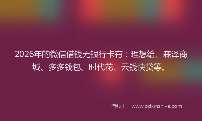 2026年的微信借钱无银行卡有：理想给、森泽商城、多多钱包、时代花、云钱快贷等。