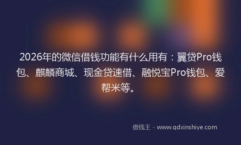 2026年的微信借钱功能有什么用有：翼贷Pro钱包、麒麟商城、现金贷速借、融悦宝Pro钱包、爱帮米等。