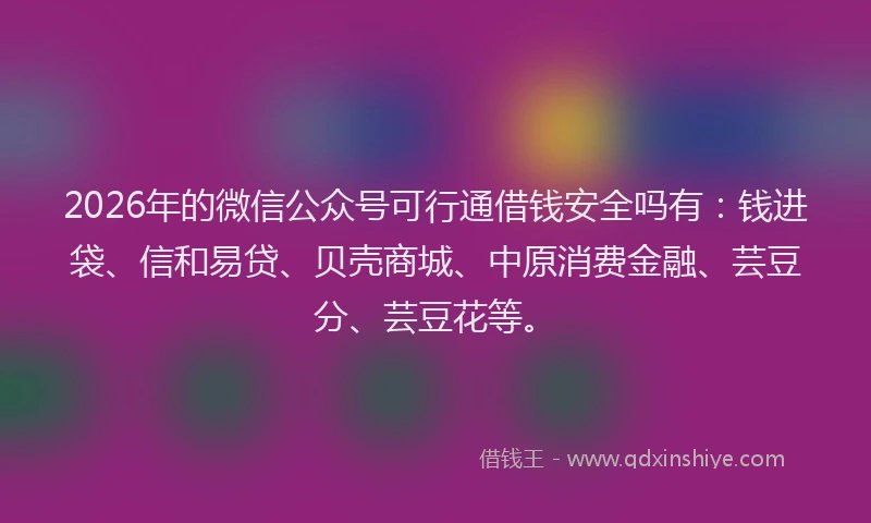 2026年的微信公众号可行通借钱安全吗有：钱进袋、信和易贷、贝壳商城、中原消费金融、芸豆分、芸豆花等。